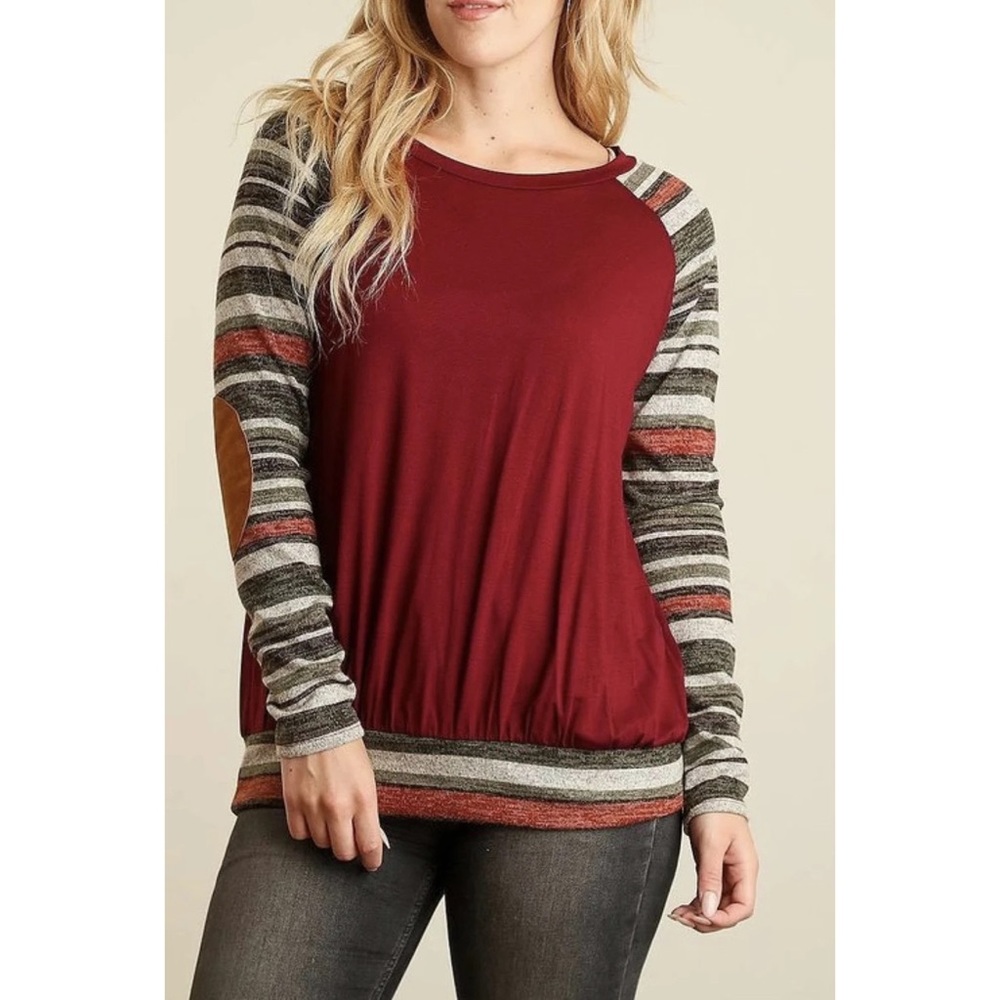 Burgundy Elbow Patch Long Sleeve Top